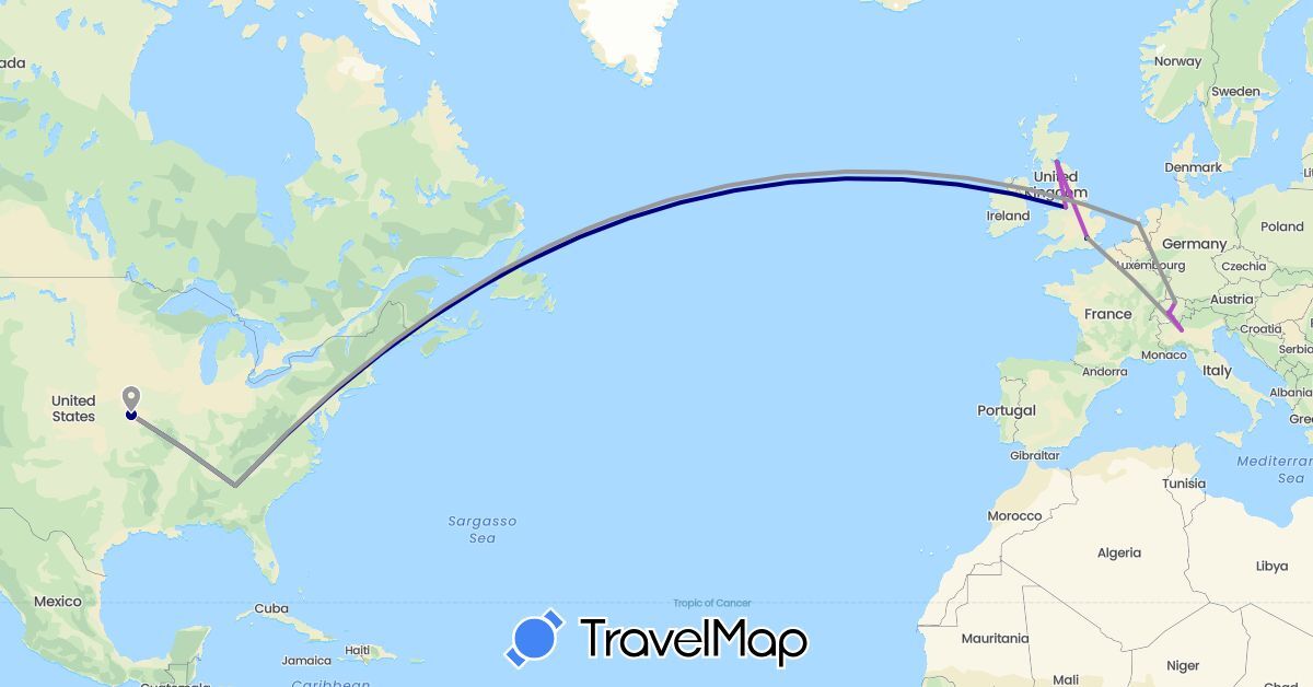 TravelMap itinerary: driving, bus, plane, train in Switzerland, United Kingdom, Italy, Netherlands, United States (Europe, North America)